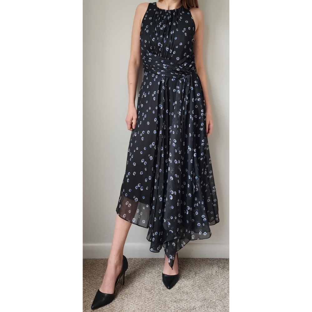 Ranna Gill Bordona Black Pleated Floral Midi Dress 4 Black Blue Anthro